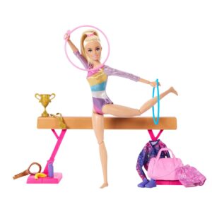 Barbie HRG52 Gymnastics Set with 1 Blonde Doll, C-Grip, Balance Beam, Warm-up Suit, Over 10 Accessories, Children's Toy, Ages 3+