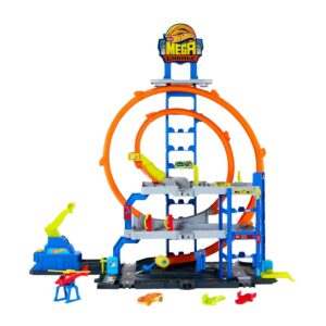 Hot Wheels City Mega Garage with Car and Helicopter, 3 Tiers, 2 Loops, 37 1/64 Scale Vehicle Slots and Speed Snap Adapters, JLC05