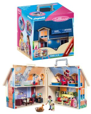 Playmobil 70985 Transportable House - Dollhouse - with Three Characters, Bathroom, Bedroom, Living Room and Kitchen - Fully Equipped - The Traditional House - Opens Anywhere -...
